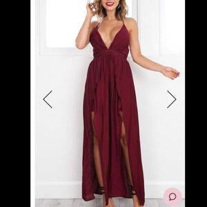 Showpo Deep V Wine Maxi dress with cross tie front
